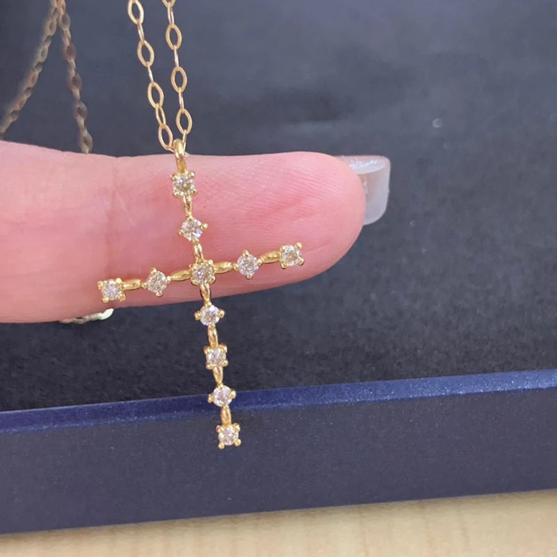 Diamond Cross Pendant Necklaces. 18K Yellow Gold. Natural Diamond.