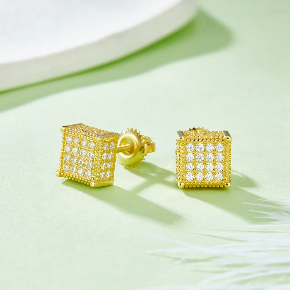 Shop HipHop Moissanite Earrings. 18K Gold Plated Silver.