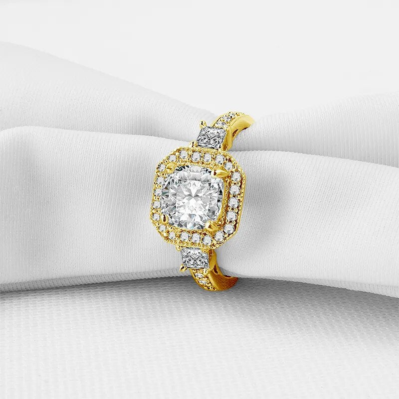 Luxury Gold Moissanite Engagement Rings. 2.0 Carat. Cushion Cut.