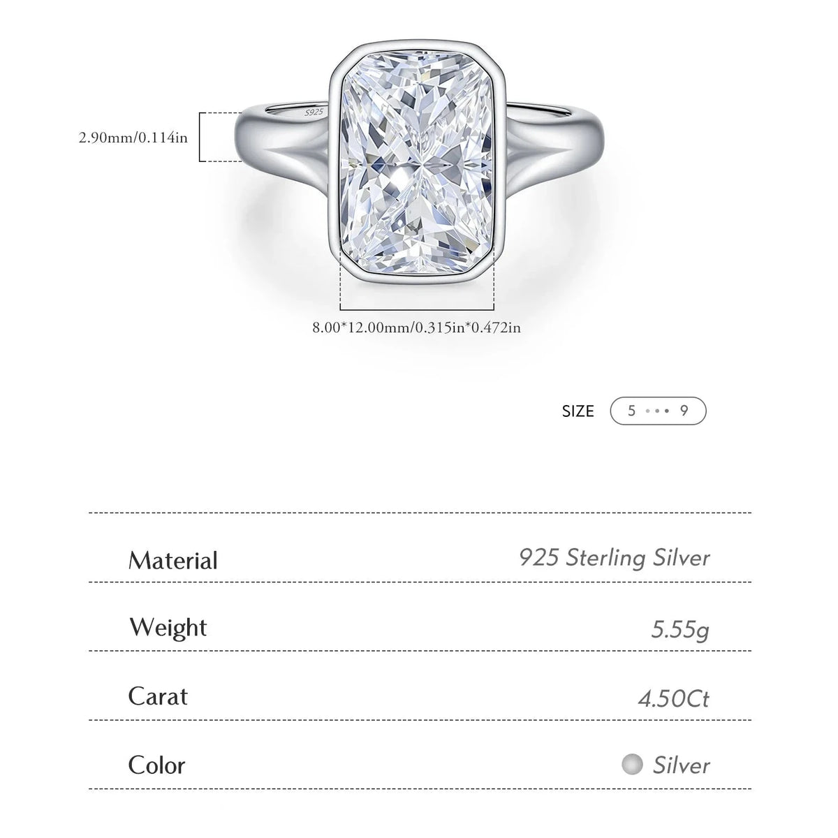 Diamond ring with specifications on a white background