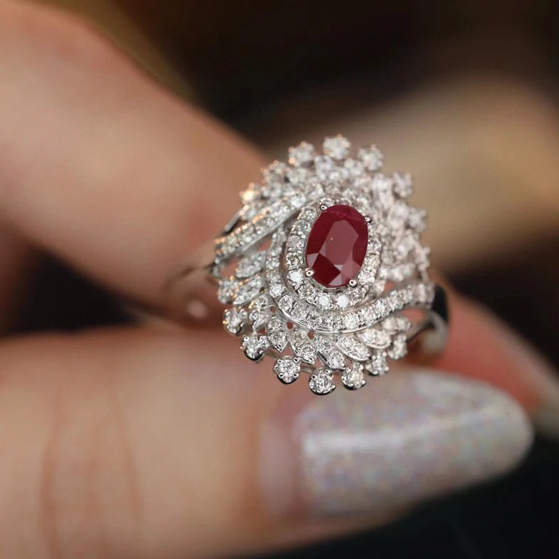 18K White Gold Ring with Natural Ruby & Real Diamonds.