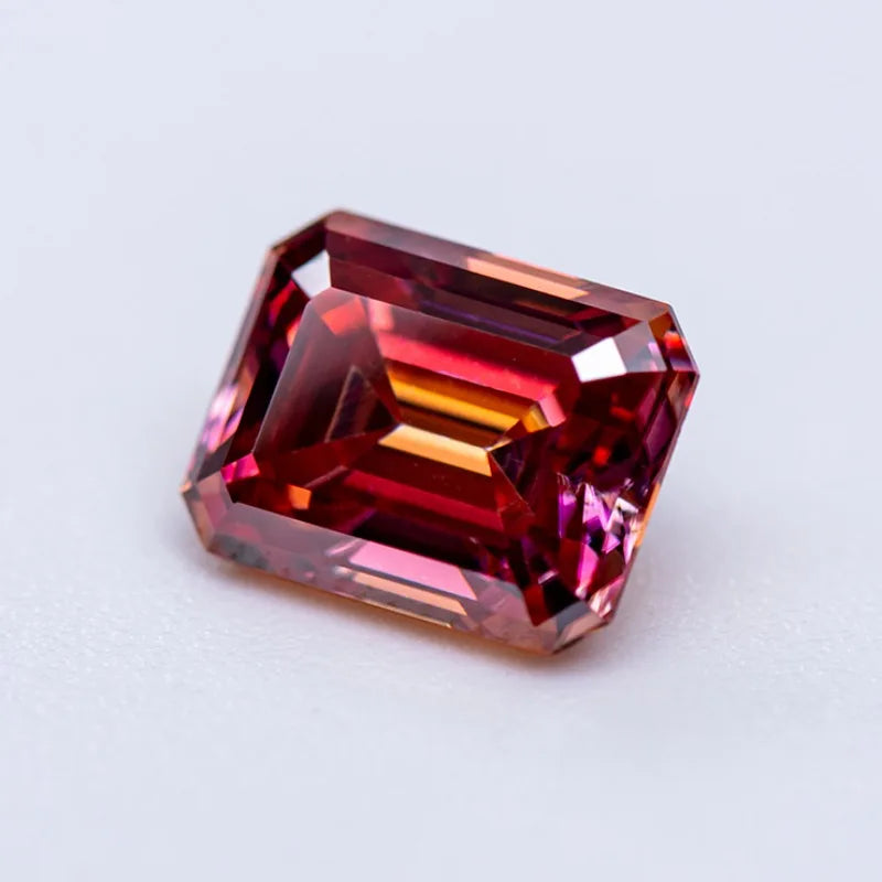 Loose Moissanite Gemstone. Watermelon Red Color. Emerald Cut.