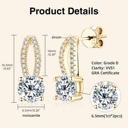 Luxury, Genuine Moissanite Earrings. 18K Gold Plated Silver.