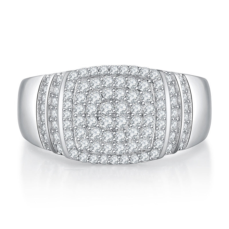 Genuine Moissanite Diamond Ring For Men. Platinum Plated Silver
