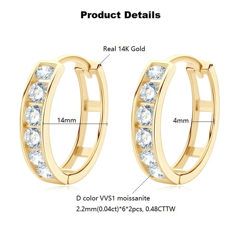 Gold Hoop Moissanite Earrings. 14K Genuine Gold.