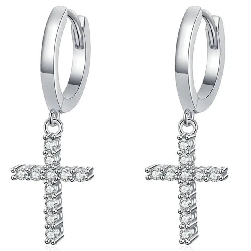 Cross-Shaped Genuine Moissanite Earrings. 18K White Gold Plated Silver.