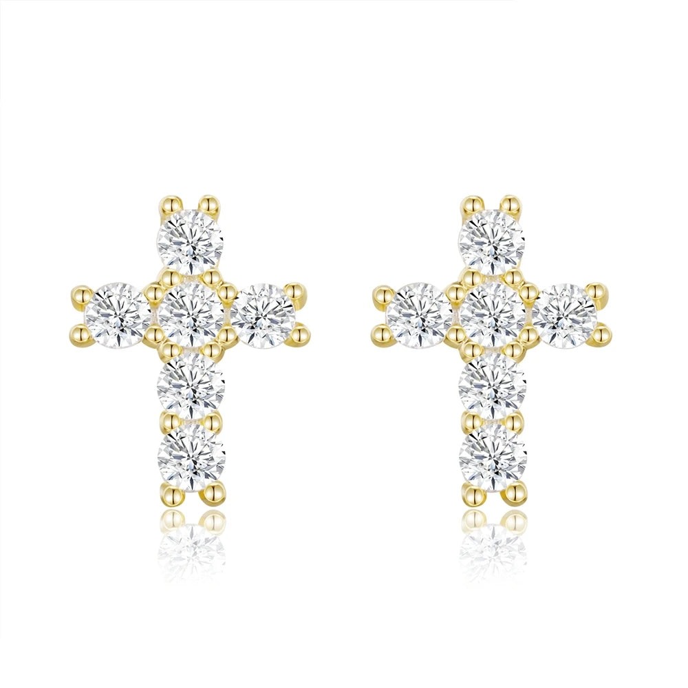Moissanite Cross-Shaped Stud Earrings. 18K Gold Plated Silver Jewelry.