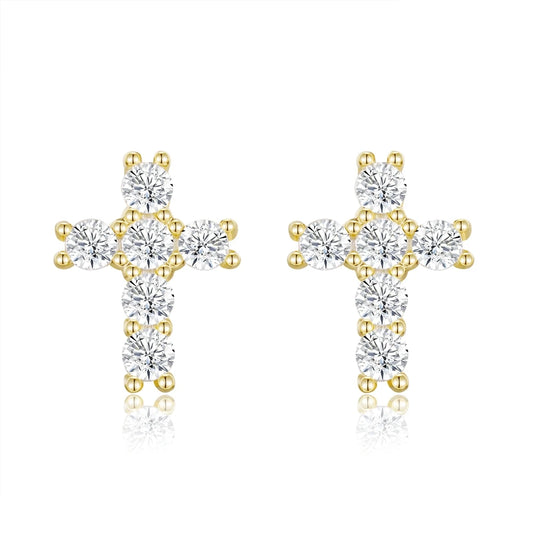 Moissanite Cross-Shaped Stud Earrings. 18K Gold Plated Silver Jewelry.