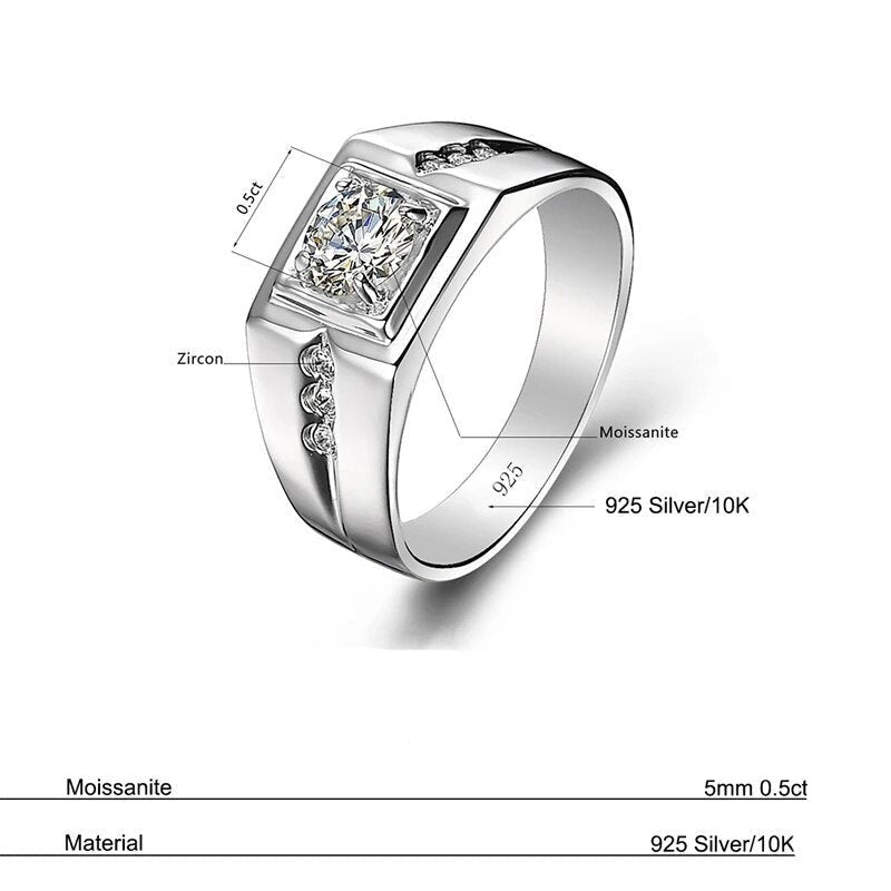 Luxury Moissanite Rings For Men. 0.50 Carat Genuine Moissanite.