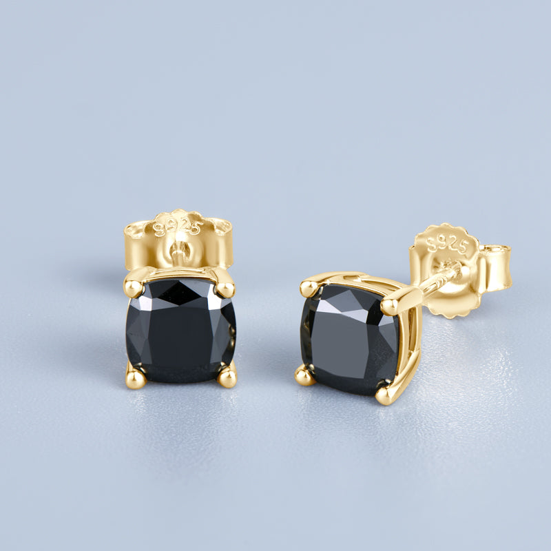 Cushion Cut. Elegant Black Moissanite Stud Earrings. Total 2.0 Carat.