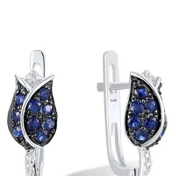 Elegant Blue Sapphire and Diamond Earrings. 14K White Gold.
