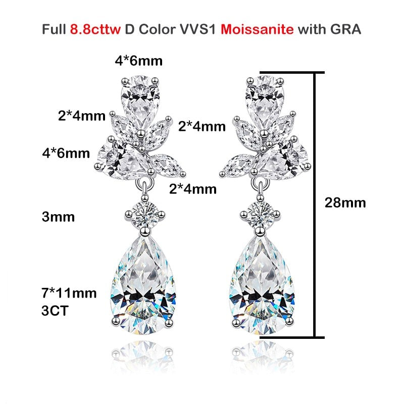 Luxury Moissanite Drop Earrings. Total 8.80 Carat. 18K Gold Plated Silver.