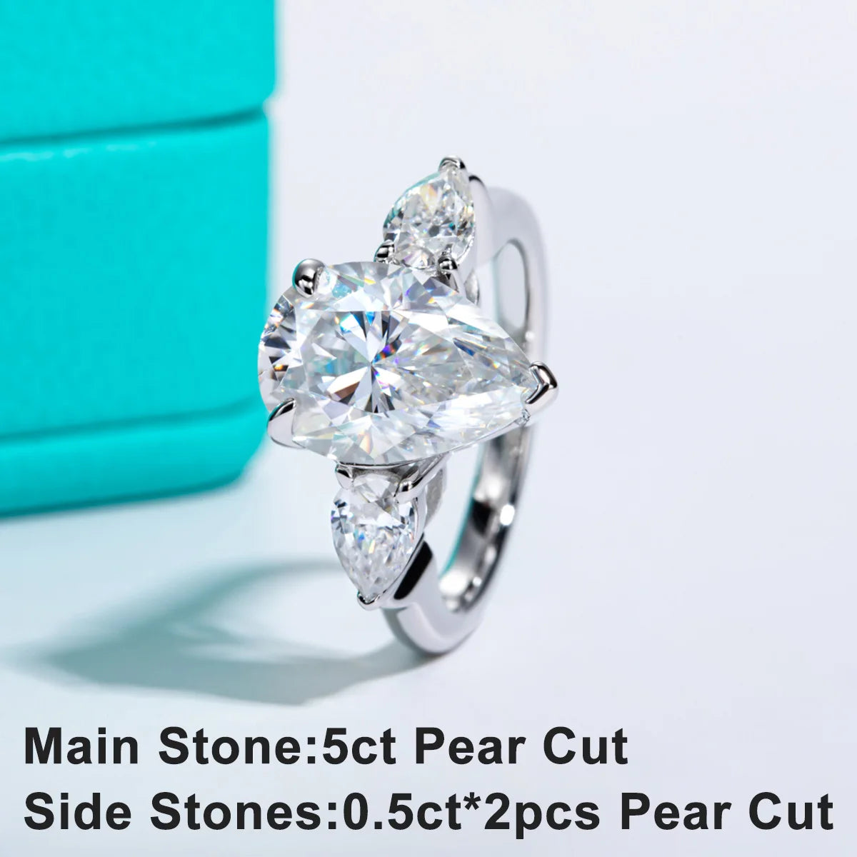 6.0 Carat D Color Pear Moissanite 3-Stone Engagement Ring.