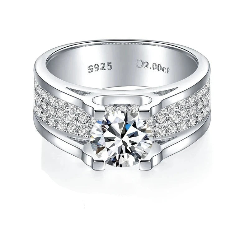 Moissanite Men Rings. 2.0 Carat. D VVS1. 18K Gold Plated Silver.