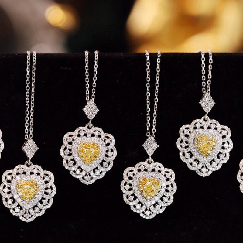 Heart Necklace with Yellow & White Diamonds. 18K White Gold.