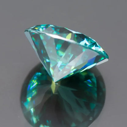 Moissanite Gems. Plum Blossom Cut. Round Shape. Emerald Green Color.
