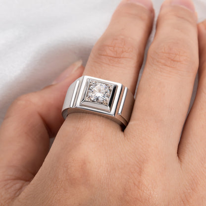 1.0 Carat Genuine Moissanite Diamond Men Ring. 18K White Gold Plated Silver