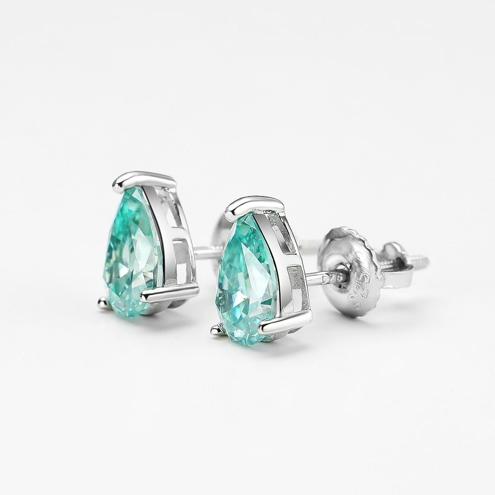 4.0 Carat Moissanite Stud Earrings. Green Color Water Drop-Shaped Earrings