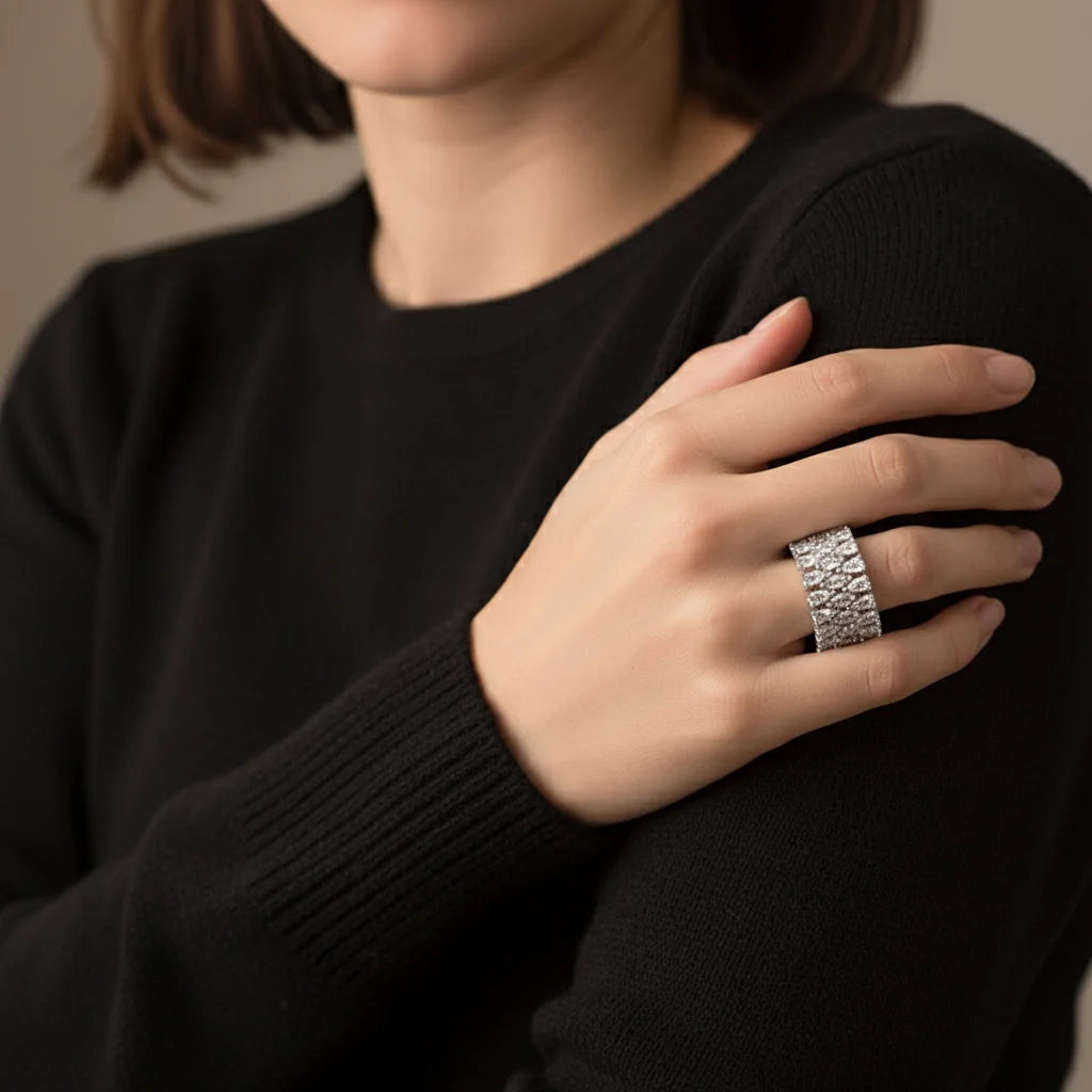 Wide moissanite statement ring in plated sterling silver