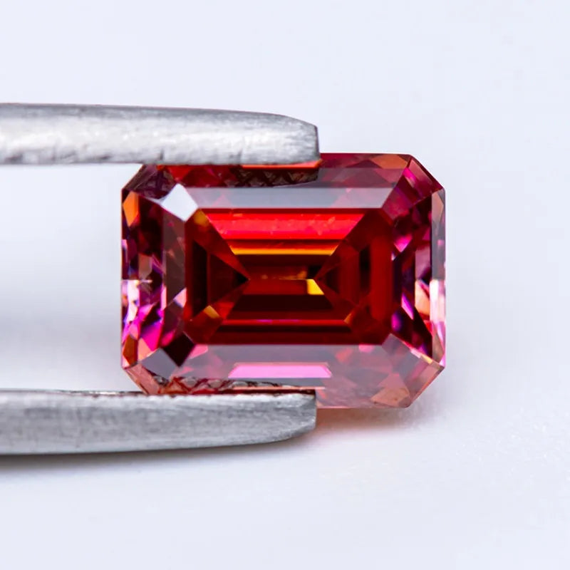 Loose Moissanite Gemstone. Watermelon Red Color. Emerald Cut.