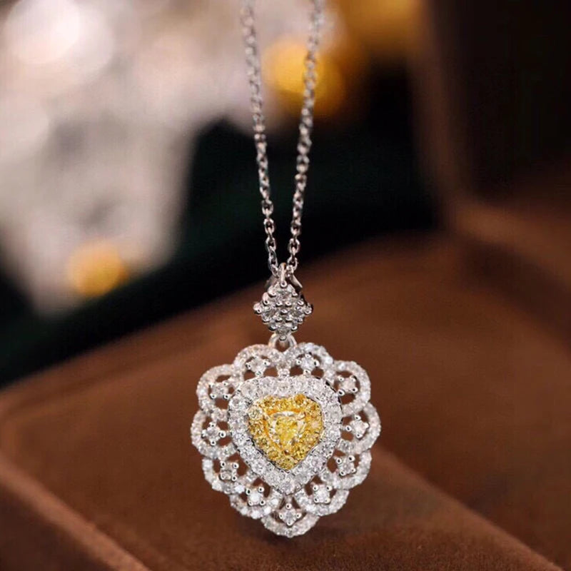 Heart Necklace with Yellow & White Diamonds. 18K White Gold.