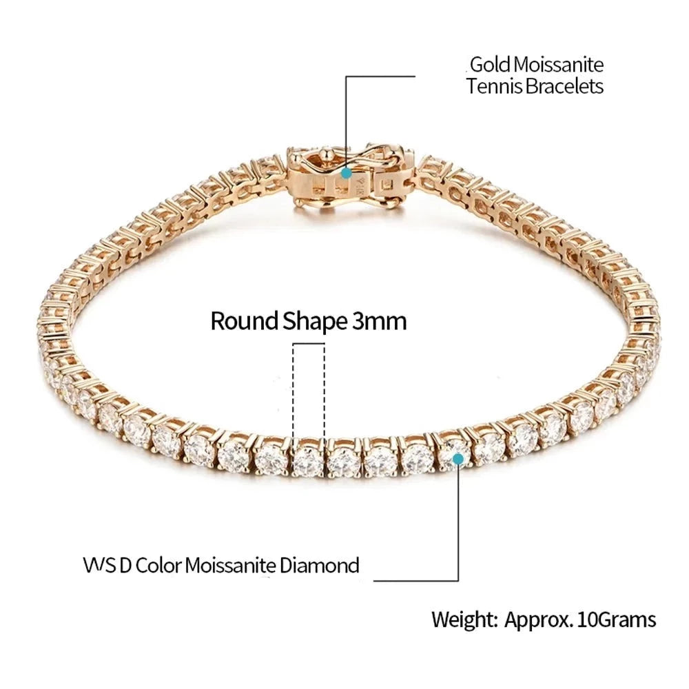 Gold Tennis Bracelets. Genuine Moissanite Tennis Bracelets.