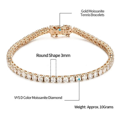 Gold Tennis Bracelets. Genuine Moissanite Tennis Bracelets.