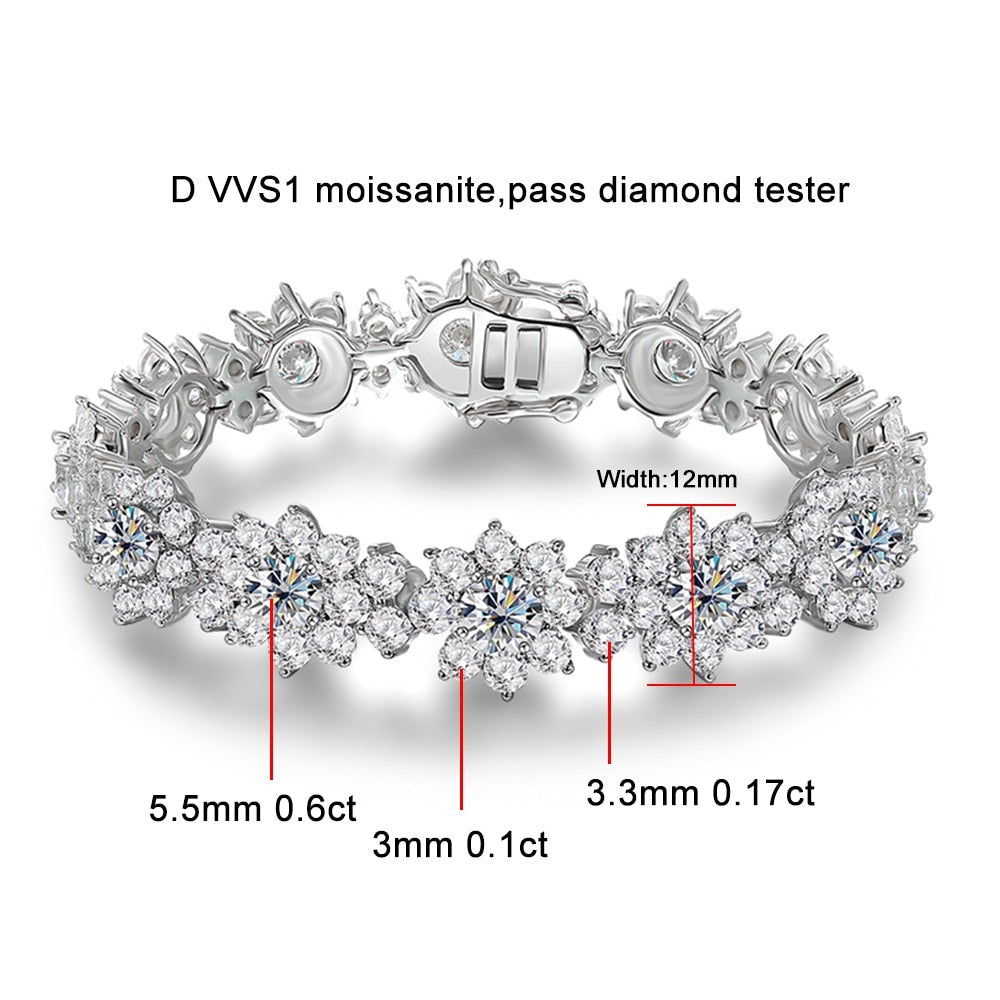 Luxury Moissanite Tennis Bracelets. 20.70 Carat. Elegant Flowers Design.