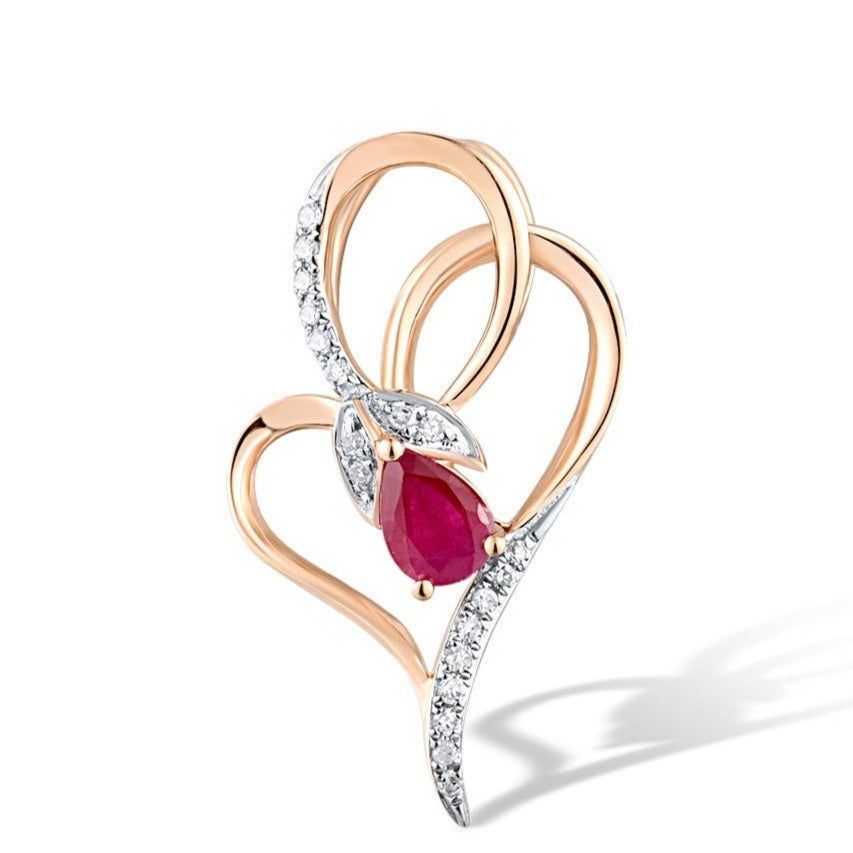 Heart Shape. Elegant Ruby and Diamond Pendant. 14K Rose Gold.