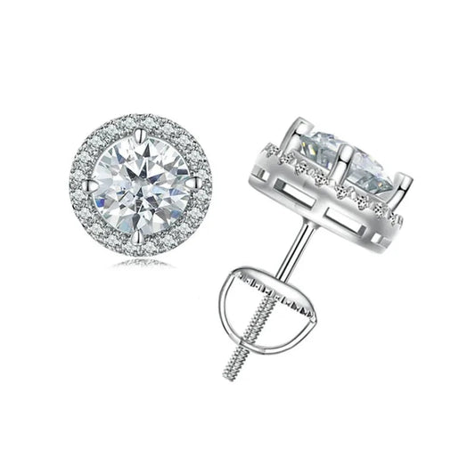Moissanite Halo Earrings. Platinum-Plated Silver. 1.0 - 2.0 Carat.