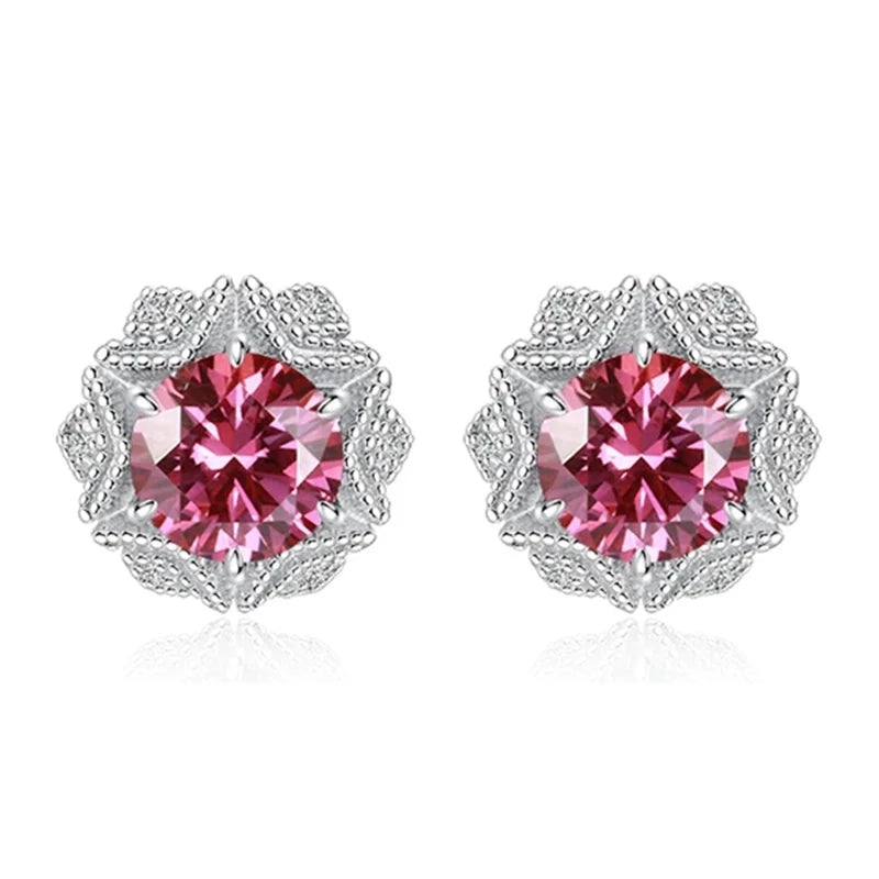 Pink Moissanite Stud Earrings. 2.0 Carat. 18K White Gold Plated Silver.