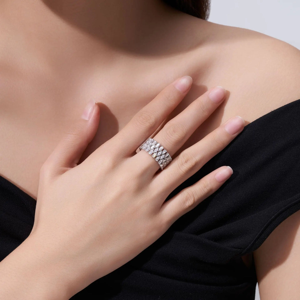 Women's pear and marquise moissanite silver eternity ring