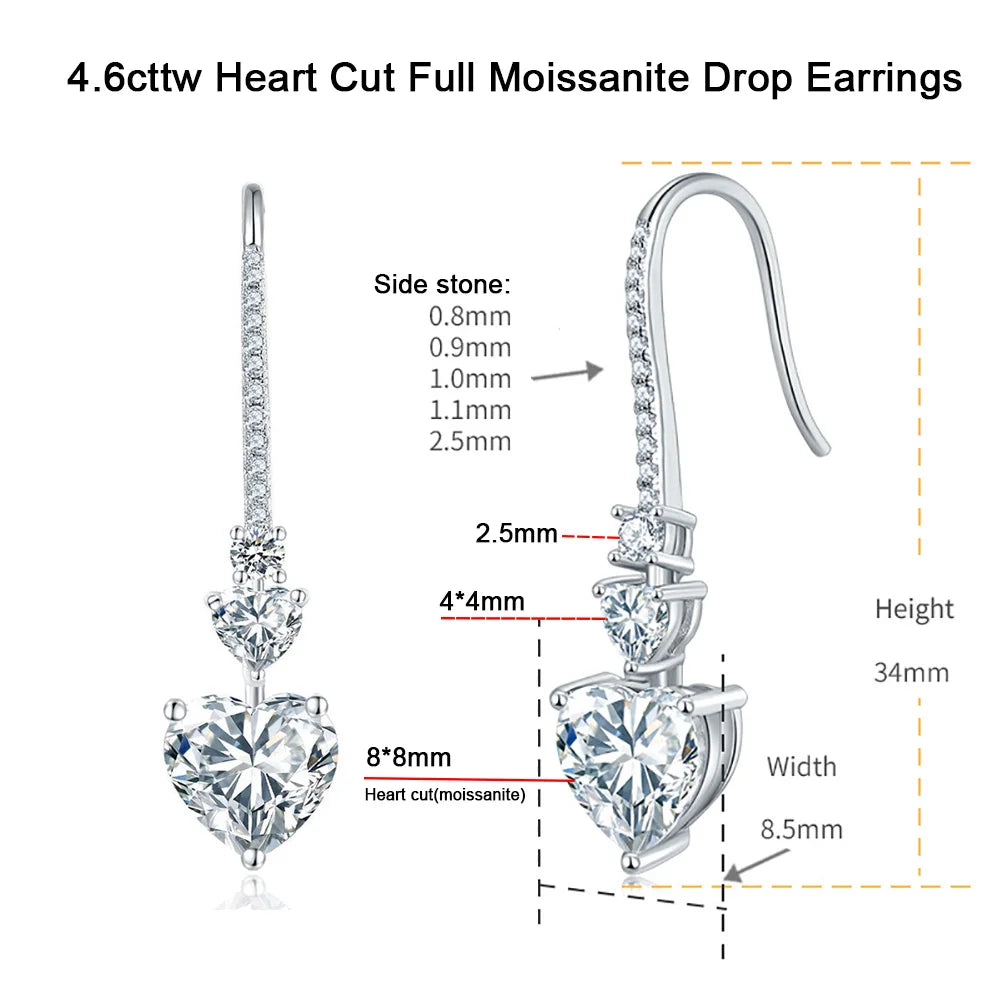 Elegant 4.0ct D VVS1 Moissanite Heart Cut Drop Earrings