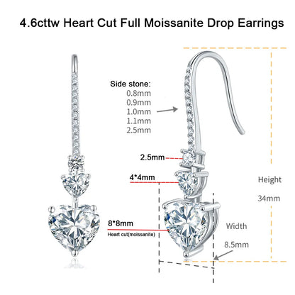 Elegant 4.0ct D VVS1 Moissanite Heart Cut Drop Earrings