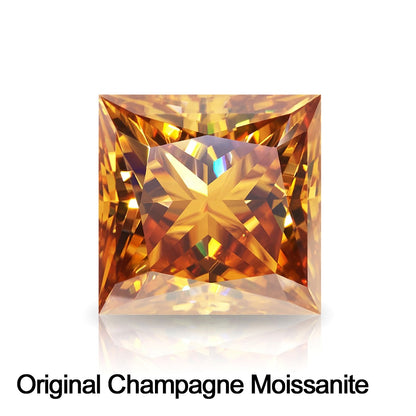 Champagne Color. Princess, Cushion, and Round Cut, Moissanite. 1.0 to 5.0 Carat.