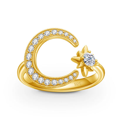 Moon And Star Moissanite Rings For Women. 18K Gold Plated Silver.