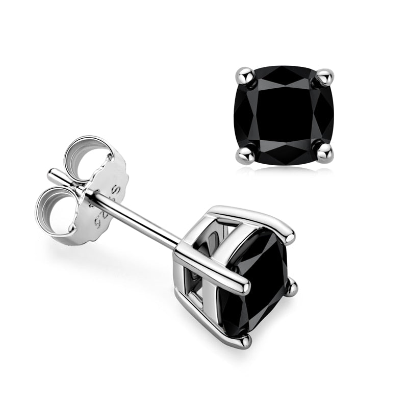 Cushion Cut. Elegant Black Moissanite Stud Earrings. Total 2.0 Carat.