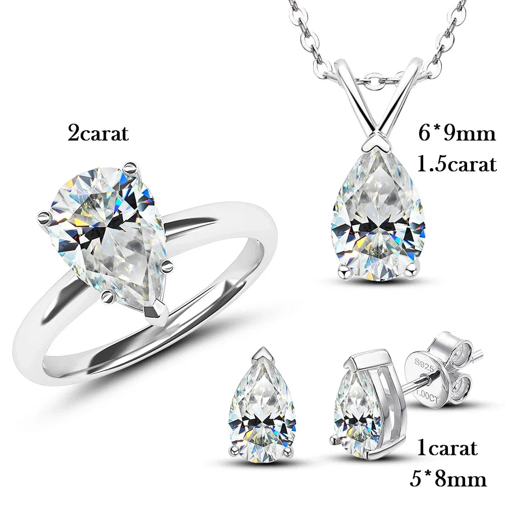 Pear Shape Moissanite Jewelry Set. Pendant Necklace, Earrings, Ring.