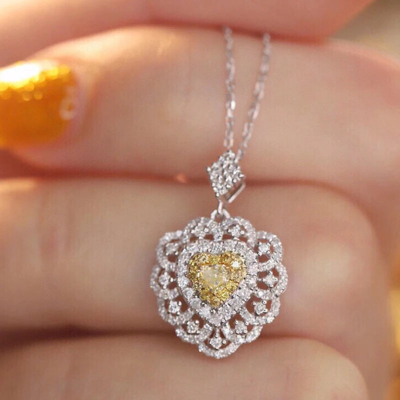 Heart Necklace with Yellow & White Diamonds. 18K White Gold.