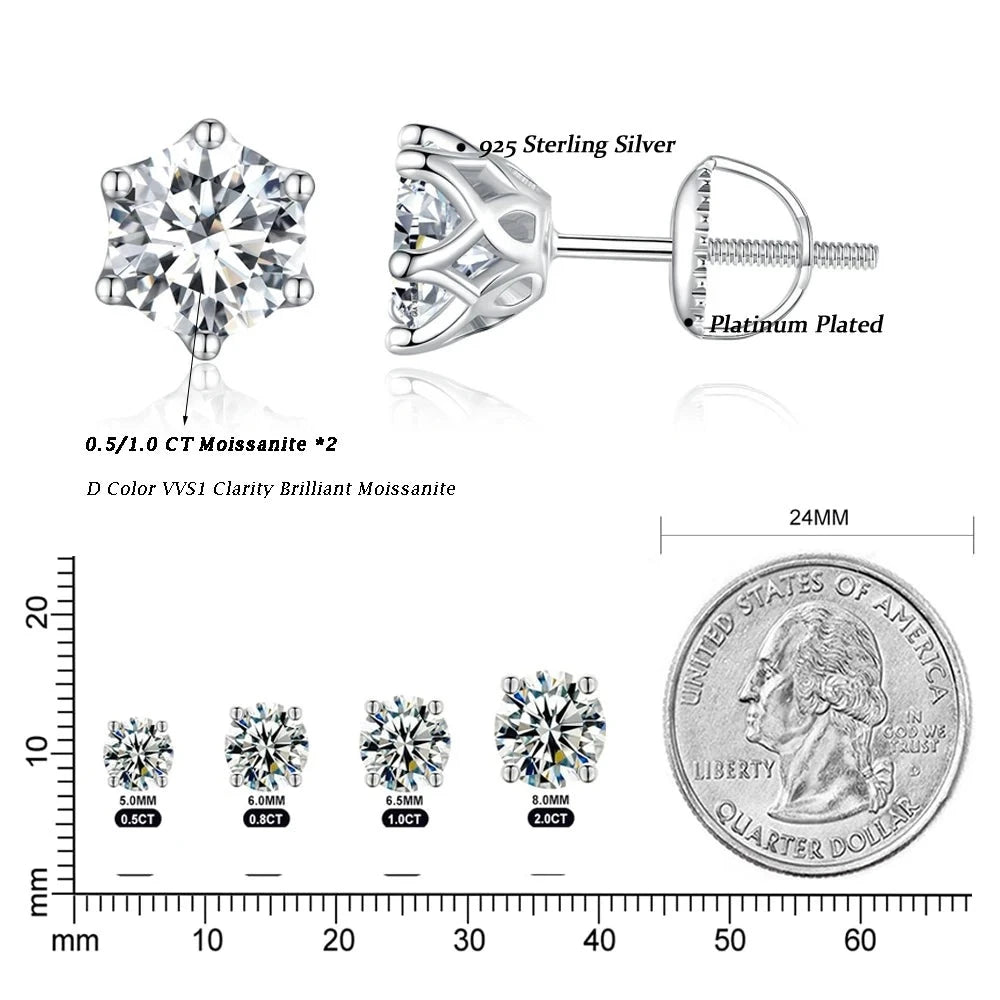 Moissanite Stud Earrings, 0.50 To 2.0 Carat. D VVS1 Genuine Moissanite.