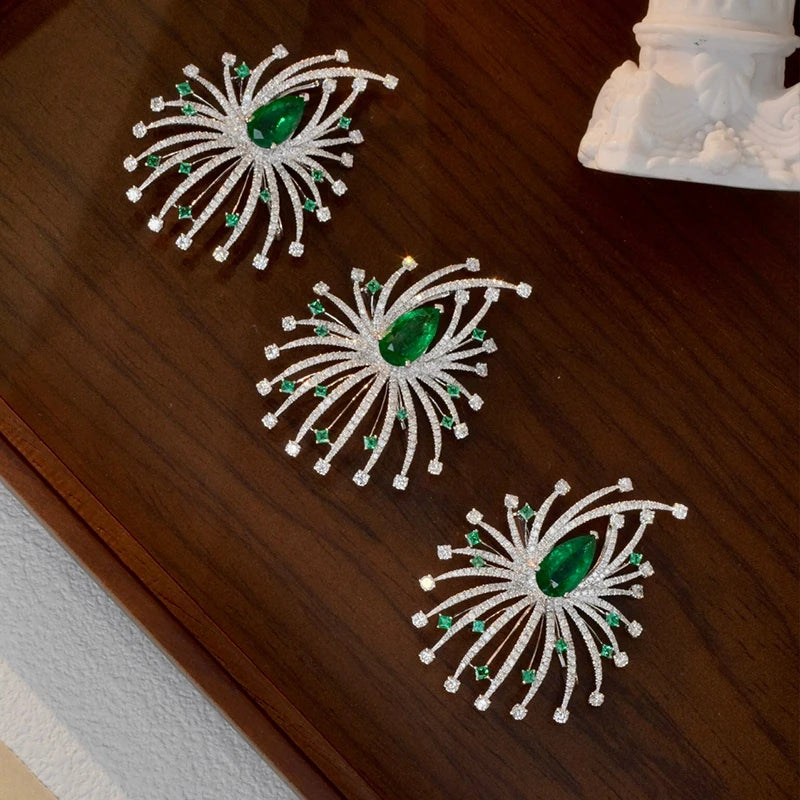 Emerald & Diamond Luxury Brooch and Necklace. 18K White Gold.