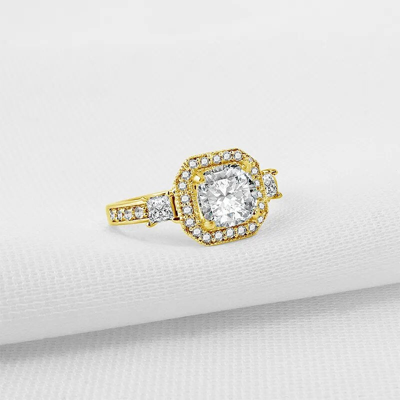 Luxury Gold Moissanite Engagement Rings. 2.0 Carat. Cushion Cut.