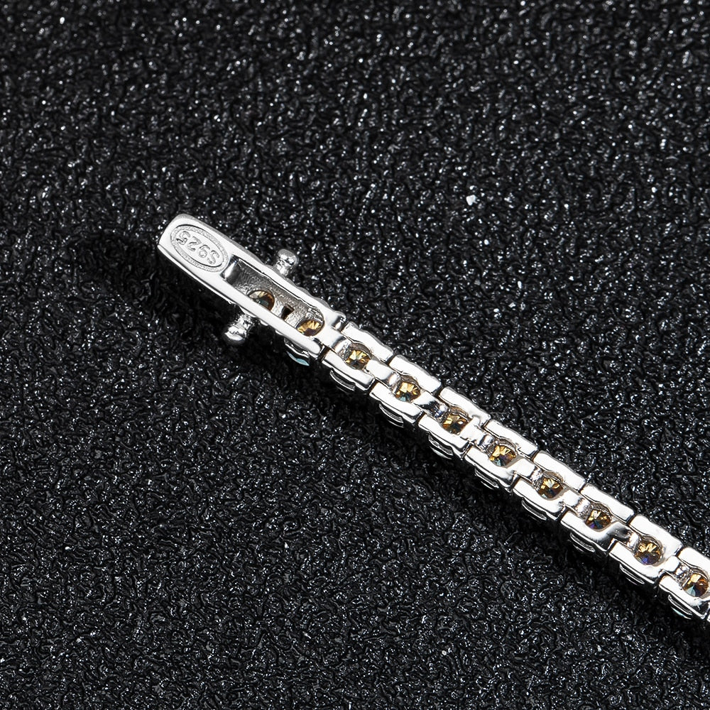 Champagne Color. Genuine Moissanite Tennis Bracelet, 18K White Gold Plated Silver.