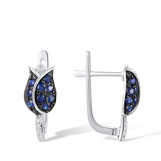 Elegant Blue Sapphire and Diamond Earrings. 14K White Gold.
