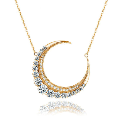 Moon Shaped Moissanite Pendant Necklace. 18K Gold Plated Jewelry.