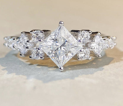 Princess Cut. Genuine Moissanite Diamond Rings. 18K White Gold Plated Silver.