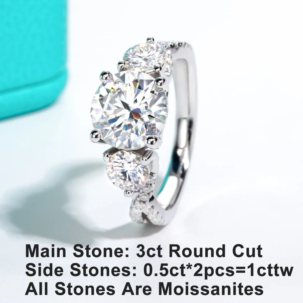 Elegant 3-Stone Halo Moissanite Ring - 4.25ct Total, All Moissanite.