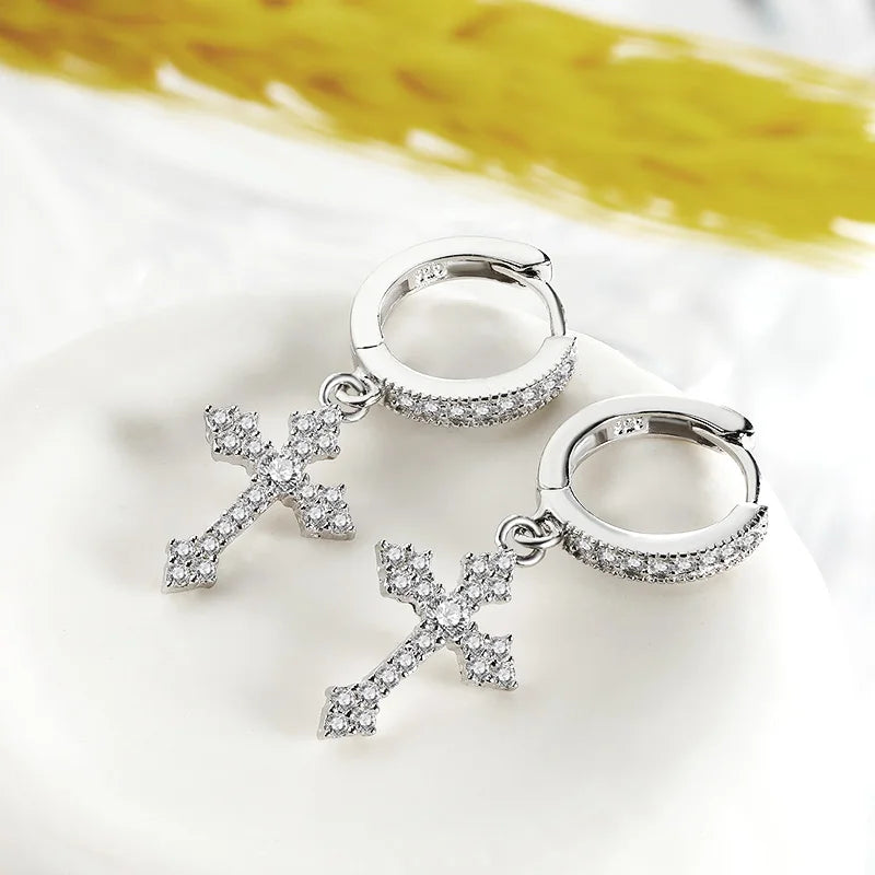 Cross-Shaped Earrings. Moissanite Hoop Earrings. D VVS1,