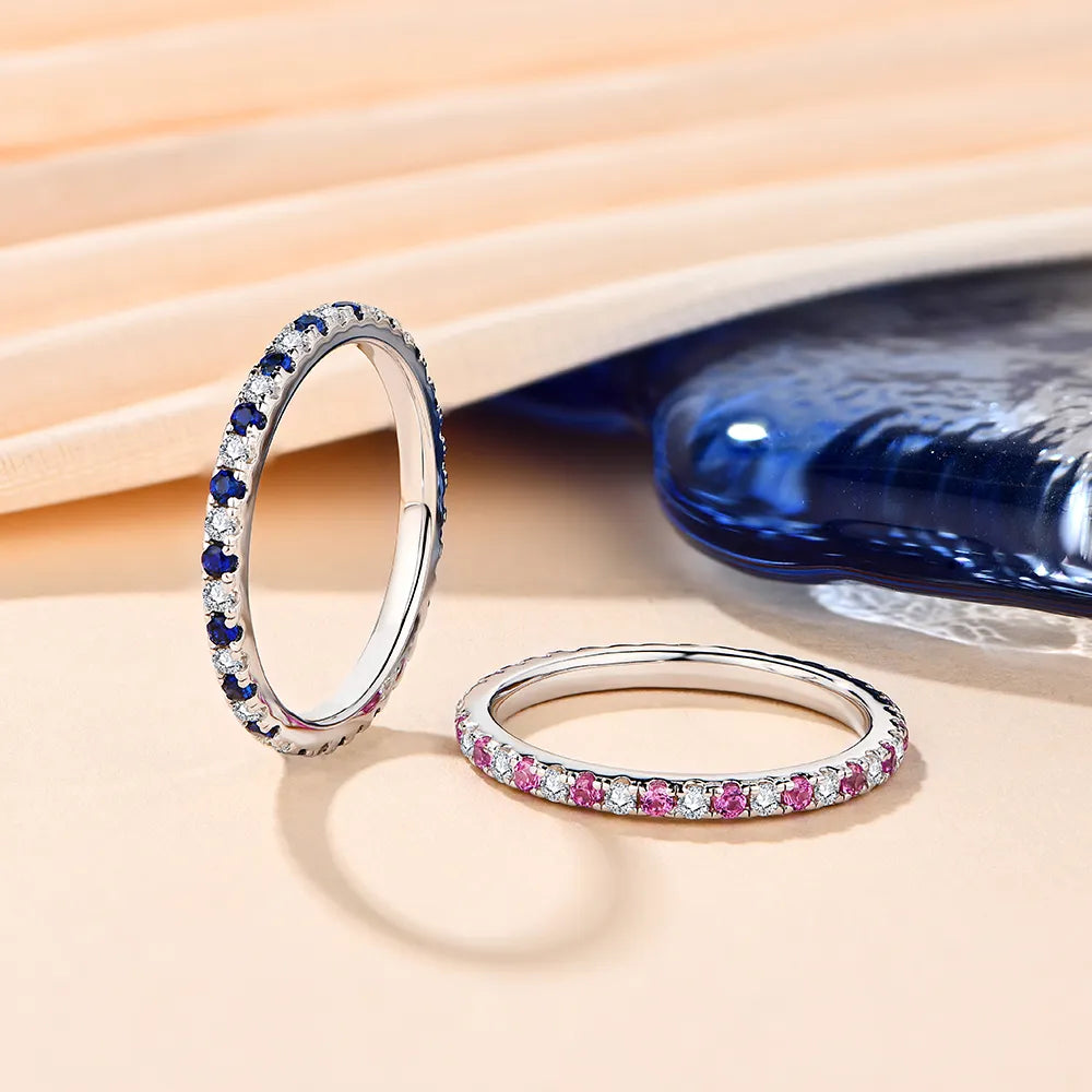 Luxury Moissanite Eternity Rings With Pink and Blue Sapphire.