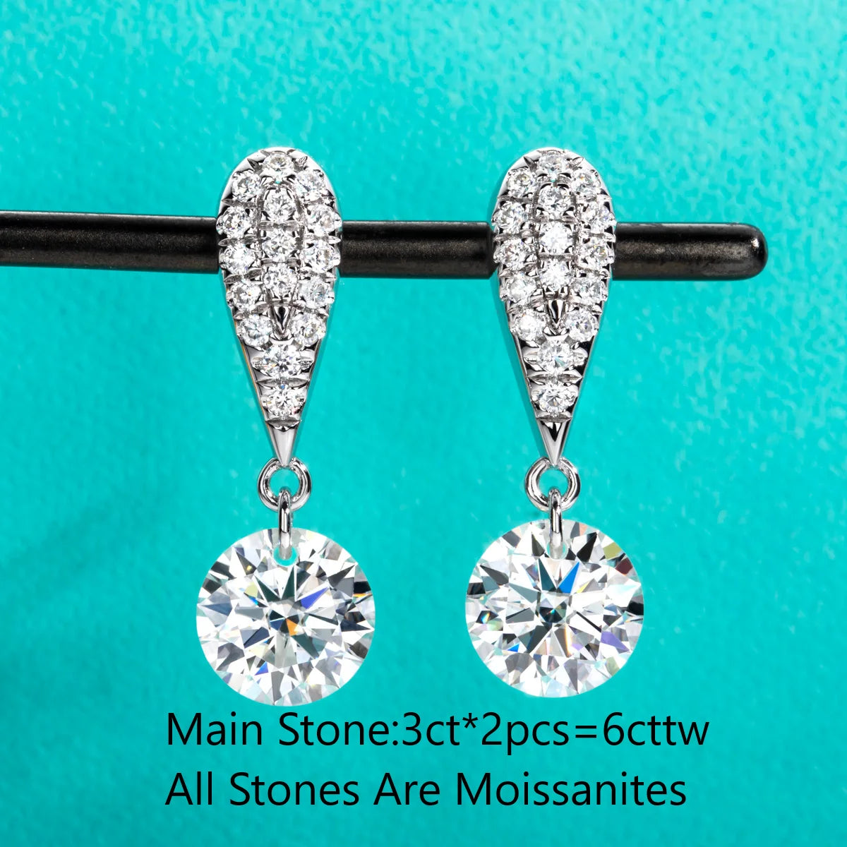 6.0ct Moissanite Drop Earrings 18K Gold Plated Silver.
